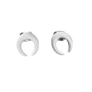 Polished silver stainless steel crescent moon stud earrings shown on white background