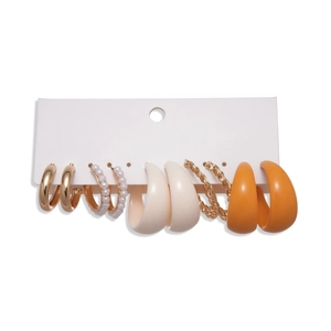 Ten-piece vintage acrylic imitation pearl hoop earrings set with gold and white finishes
