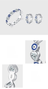 Detail of S925 sterling silver evil eye jewelry set with blue enamel and clear zircon stones