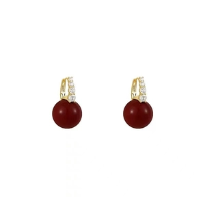 Gold plated hoop earrings with sparkling zircon and deep red pearl drop pendants
