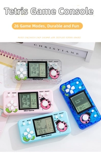 Detailed view of four retro handheld Tetris consoles in various colors with insect patterns