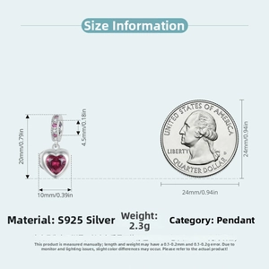 Detailed sizing chart for S925 silver heart pendant with red stone and coin reference