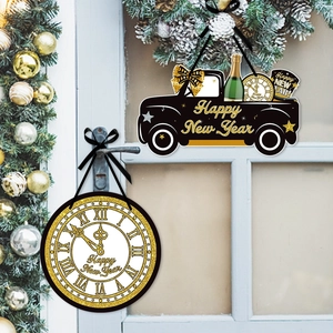 New Year party door decorations with black and gold truck and clock signs