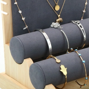 Bamboo and gray microfiber jewelry display set for rings bracelets and necklaces