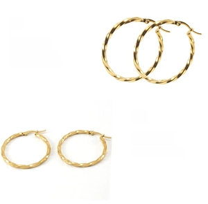 Detail of twisted 18K gold plated stainless steel hoops with high mirror finish