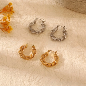 Macro view of gold and silver twisted hoop earrings on textured beige paper with dried flowers