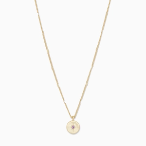 Minimalist 18K gold plated birthstone necklace with purple gem and starburst coin pendant
