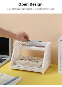 Close-up of a 2-tier white plastic desk organizer with side vents and an open-top design