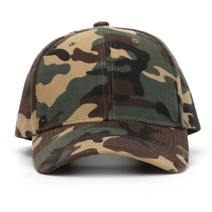 Detailed view of camouflage baseball cap showing cotton fabric texture and eyelet vents