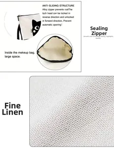 Detail of linen makeup bag showing anti-slip alloy zipper and black cat print pattern