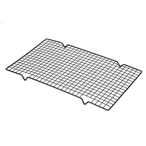Rectangular black non-stick baking cooling rack with grid mesh and folding legs