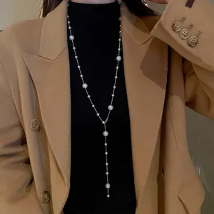 Faux Artificial Pearl Sweater Chain Necklace Copper Gold Plated Y Shaped Double Layer Elegant Jewelry For Women