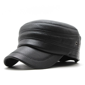 Men PU Leather Flat Top Cadet Hat With Foldable Ear Flaps Warm Winter Windproof Outdoor Peaked Cap Black