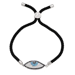 Adjustable black cord Evil Eye bracelet with sparkling blue and white cubic zirconia