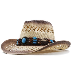 Handgewebter Western-Cowboy-Sonnenhut mit Perlenkette und Türkis-Akzent-Dekor
