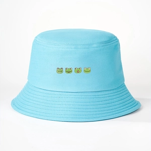 Light blue frog fisherman hat with cute cartoon embroidery for casual sun protection