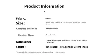 Detailed size chart for plaid canvas tote bag showing dimensions and material specifications