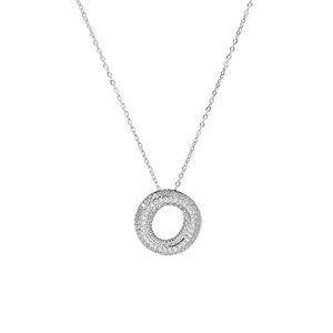 Detailed close-up of a silver donut-shaped pendant encrusted with sparkling cubic zirconia