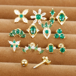 Stainless Steel Green Zircon Stud Earrings Vintage Floral Geometric Cartilage Piercing Jewelry Screw Back