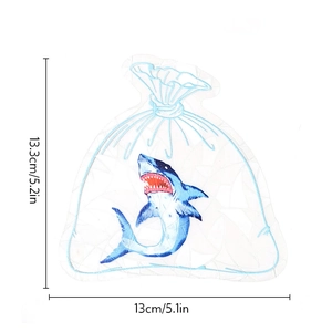 Detail showing dimensions of blue shark suncatcher sticker, size 13.3cm by 13cm