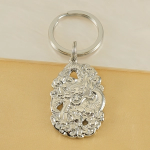 Detailed macro view of the silver stainless steel Chinese dragon relief keychain pendant