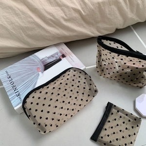 Three-piece heart print mesh pouch set for makeup and stationery in various sizes