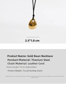 Detail of titanium steel gold bean pendant with adjustable black leather cord specs