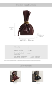 Detailed size specifications for the pleated PU bucket bag showing dimensions and weights