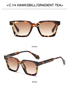 Detailed views of hawksbill square sunglasses with gradient tea lenses from two angles