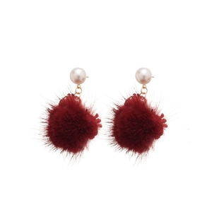 Vintage pearl and dark red flocking fur ball stud earrings with gold accents