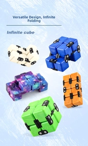 Close-up of five colorful Infinite Cubes in blue, orange, green, white and galaxy patterns