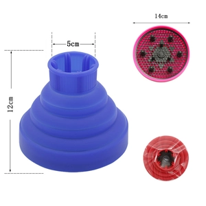 Collapsible silicone hair dryer diffuser showing dimensions and various folding states