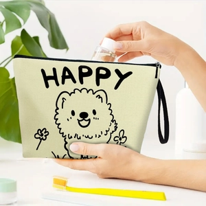 Portable canvas dog pattern makeup bag for women with black zipper and top handle