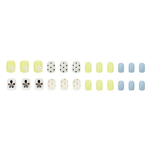 Colorful macaron press-on nails with daisy and polka dot patterns in 24-piece set
