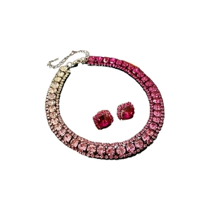 Pink rhinestone square necklace and stud earring set with metallic base for women