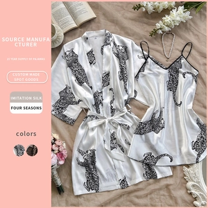 Imitation Satin Pajama Robe And Slip Dress Leopard Print V-Neck Sleeveless Elegant Loungewear For Women