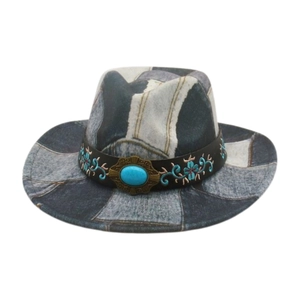 Chapeau De Cowboy Occidental Denim Patchwork Coeur De Pêche Fedora À Bord Large Avec Broderie Florale Et Pierre Turquoise