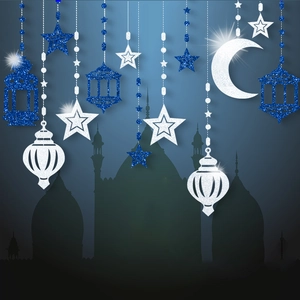 6pcs Blue and silver glitter Eid Ramadan hanging ornaments with star moon and lantern shapes