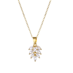Fashionable gold leaf pendant necklace with marquise zircon crystals on a gold chain