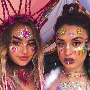 Face gem stickers with colorful glitter and pink sequin crown for festival party makeup