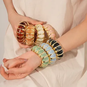 Vintage Geometric Wide Stretch Bangle Bracelet Alloy And Acrylic Resin Marble Pattern Stained Fashion For Women