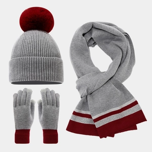 Detail view of winter knit set including gray and burgundy hat, scarf and touchscreen gloves