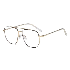 Classic gold double-bridge metal pilot eyeglasses frame with transparent large square lenses