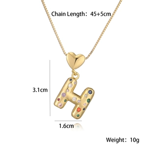 Detailed dimensions of 18K gold letter H necklace with colorful zircons and heart clasp