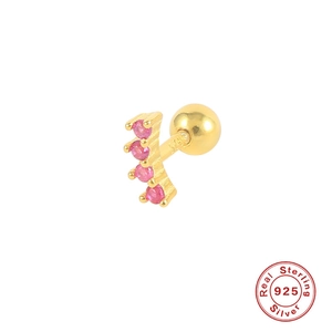Detail of S925 sterling silver ear piercing with pink zircon gems and screw ball back