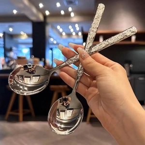 410 Stainless Steel Spoon Hammered Texture Handle Mirror Polished Long Handle For Soup Dessert Coffee Restaurant Modern Style