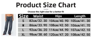 Detailed size chart for retro baggy jeans including waist, hips and length in cm and inches