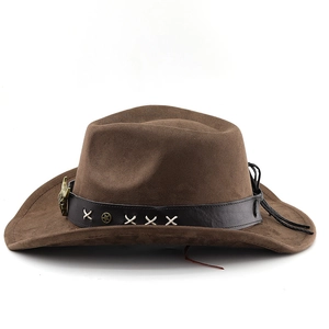 Detail of dark brown suede cowboy hat featuring leather band and metal star studs