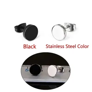 Minimalist 316L stainless steel flat round stud earrings in black and silver finishes