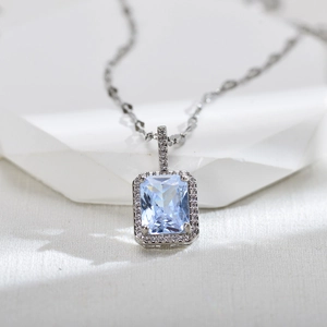 Hip hop square light blue gemstone necklace with silver chain and white zircon pavé